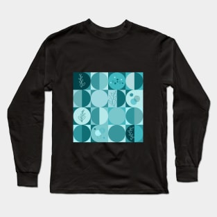 repeating geometry pattern, squares and circles, ornaments, teal color tones Long Sleeve T-Shirt